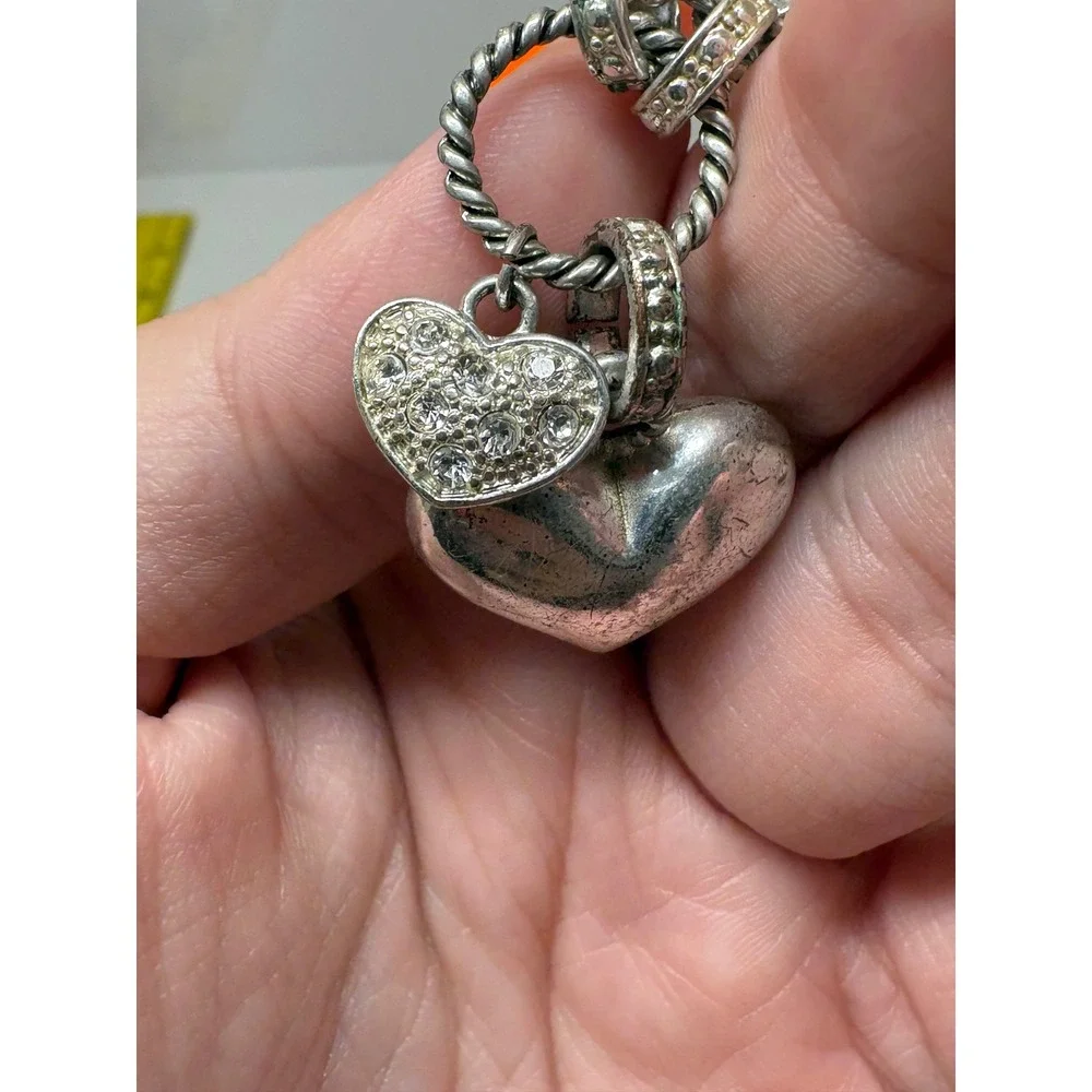 Silver Tone Double Heart Pendant Necklace Rhinestone Accents 18 Inch Chain